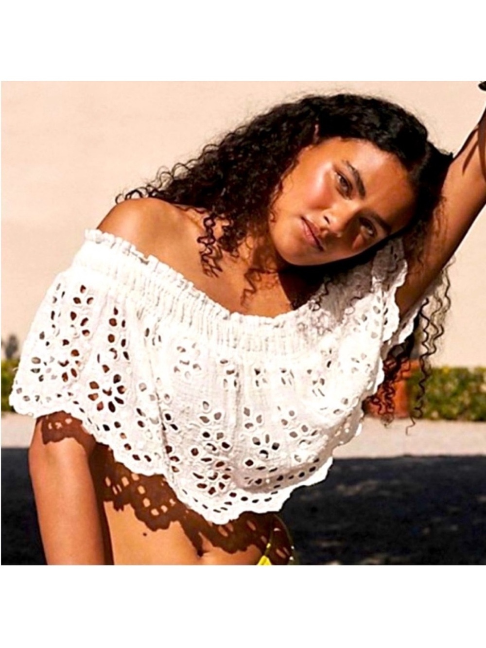 Free People FP One Perla Eyelet Off Shoulder Crop Top White Medium NWT